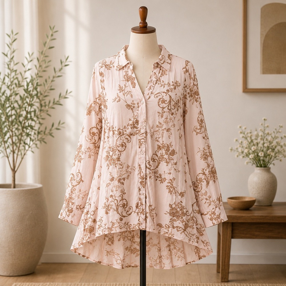Beautiful‎ by Lawrence Zarion Button Down Tunic  MP Pink Floral High Low Hem